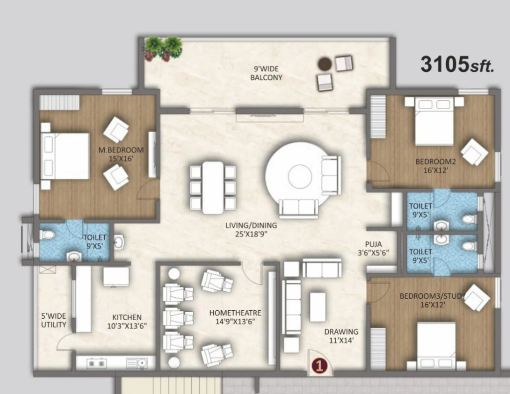 North Crest 3105 sq.ft East Facing 3 BHK Luxury Flat Floor Plan layout