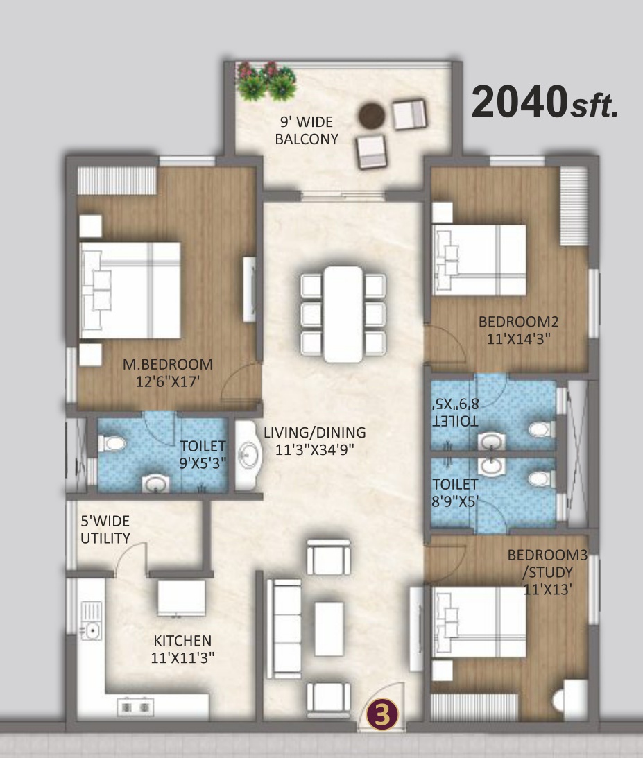 3 BHK East Flat (2,040 sft) Floor Plan