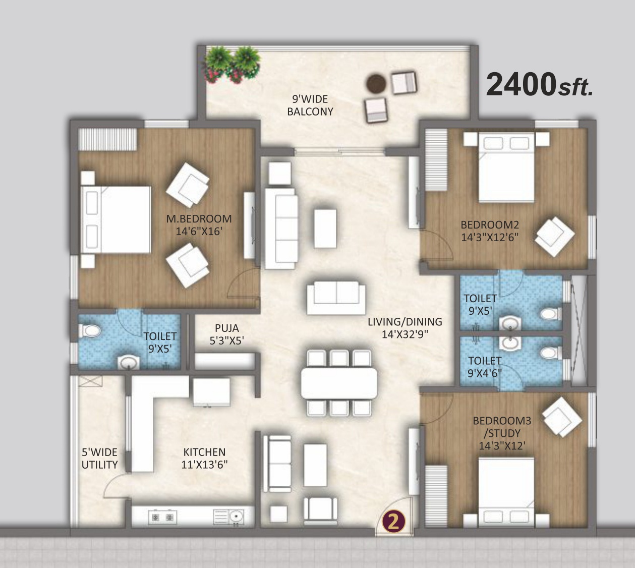 3 BHK Meridian Corner (2,400 sft) Floor Plan