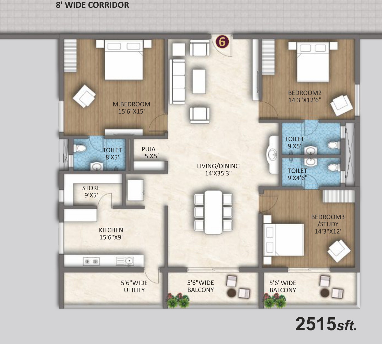 3 BHK Premium South Flat (2,515 sft) Floor Plan