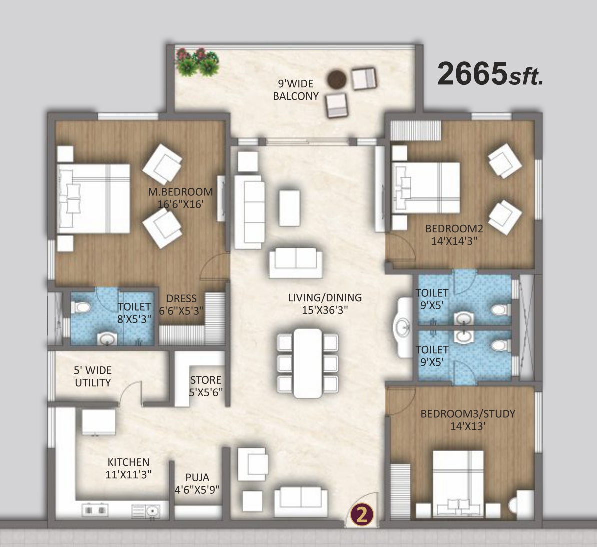 3 BHK Grand Royale Flat (2,665 sft) Floor Plan