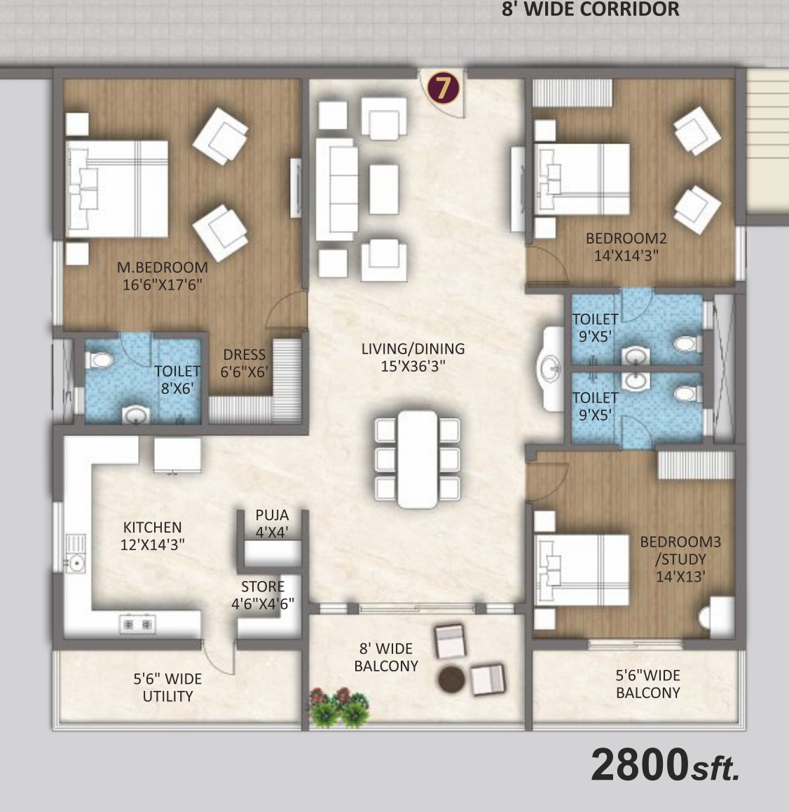 3 BHK West Royale Flat (2,800 sft) Floor Plan