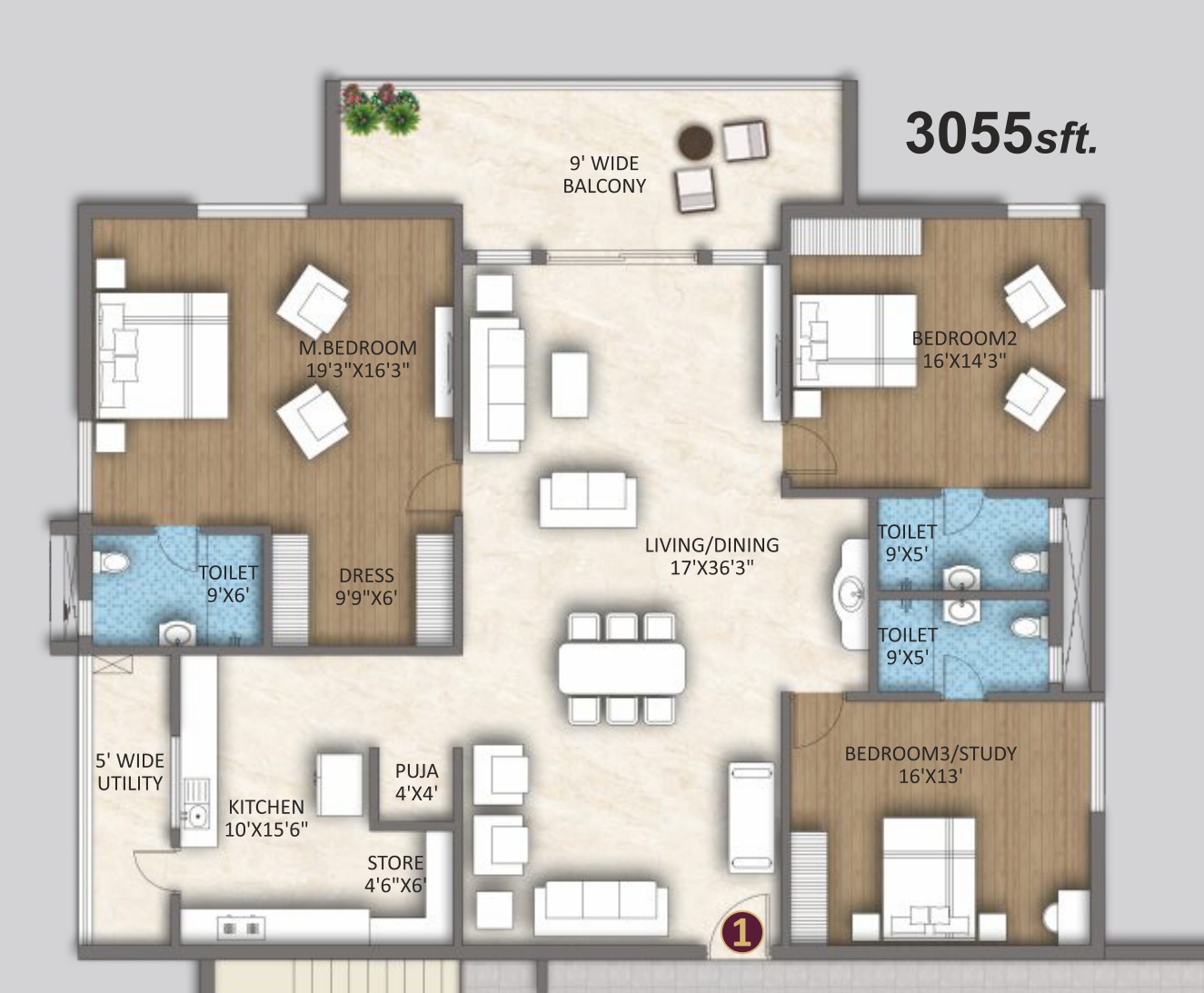 3 BHK North-East Grand Suite (3,055 sft) Floor Plan