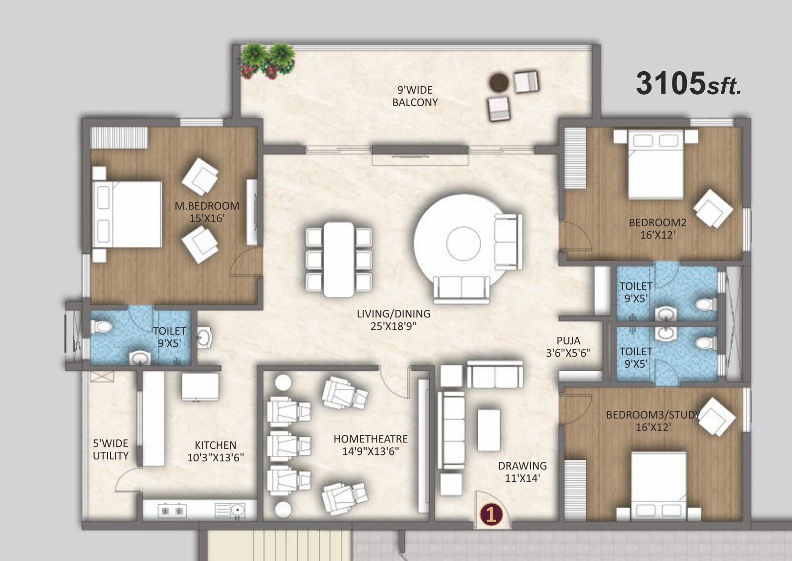 3 BHK + Private Home Theatre (3,105 sft) Floor Plan