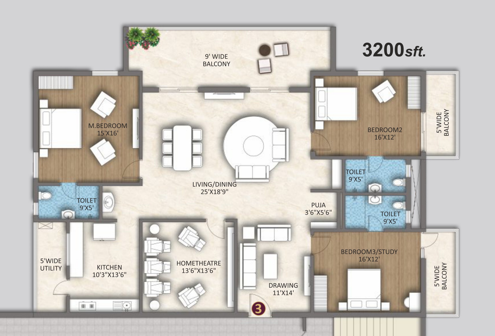 3 BHK Corner + Home Theatre (3,200 sft) Floor Plan