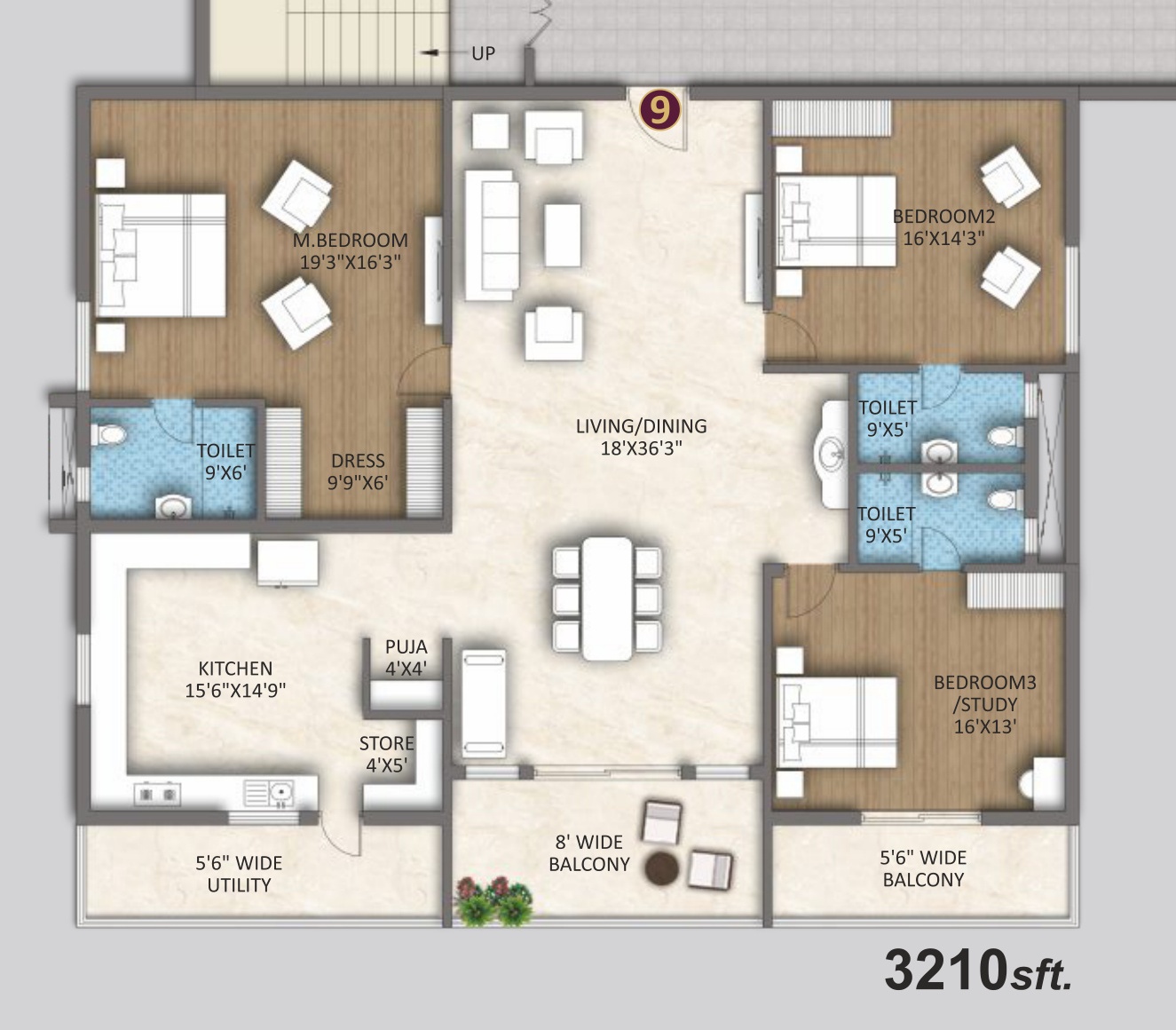 3 BHK West Grand Flat (3,210 sft) Floor Plan