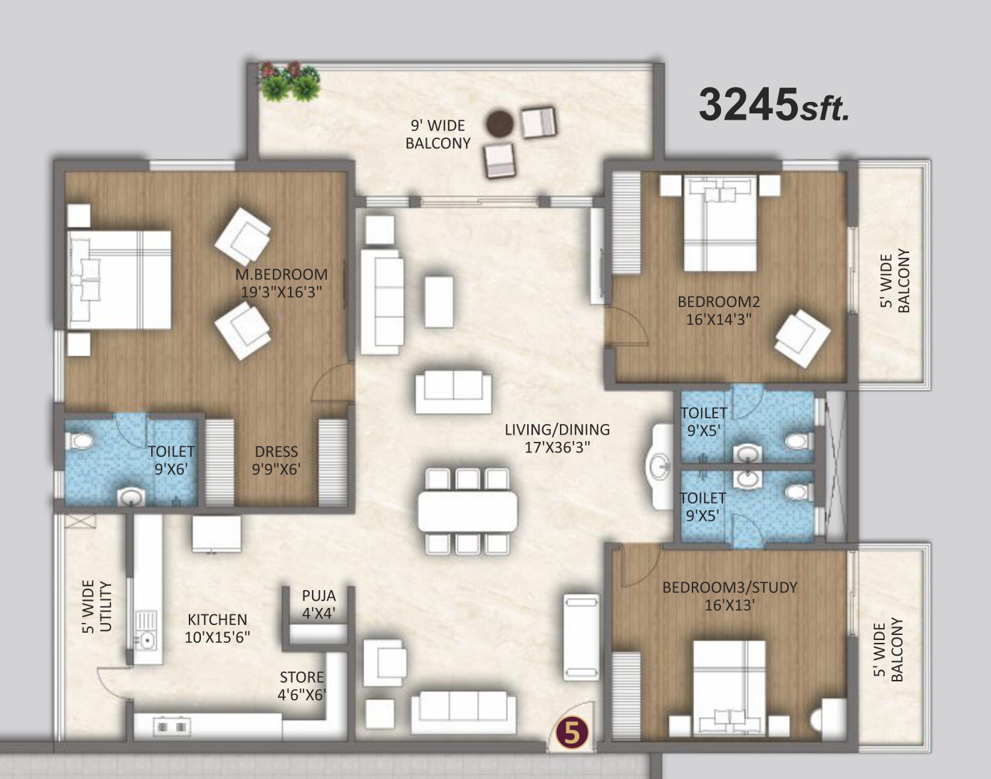 3 BHK North-East Corner Suite (3,245 sft) Floor Plan