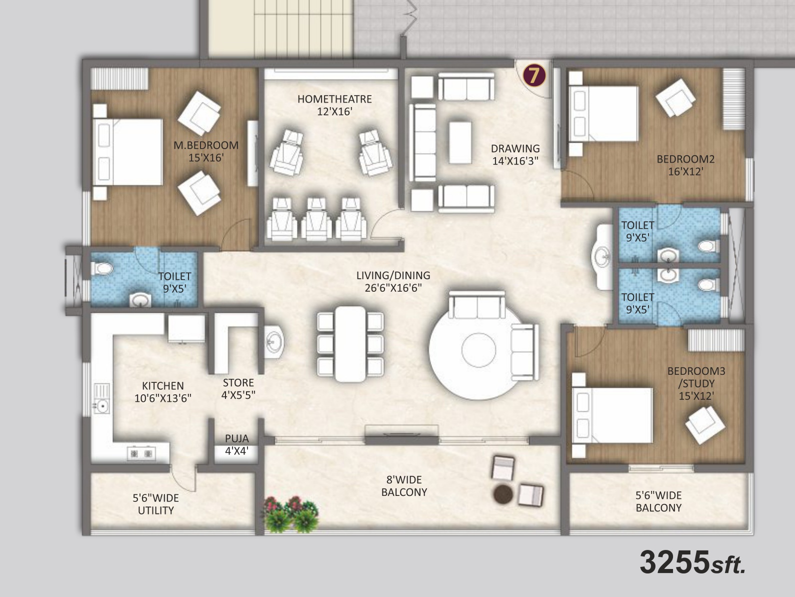 3 BHK South Corner + Home Theatre (3,255 sft) Floor Plan