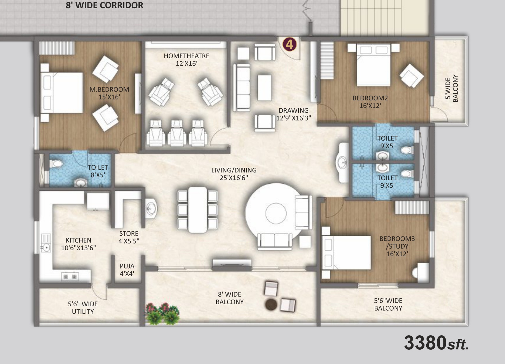 3 BHK South Corner Villa + Home Theatre (3,380 sft) Floor Plan