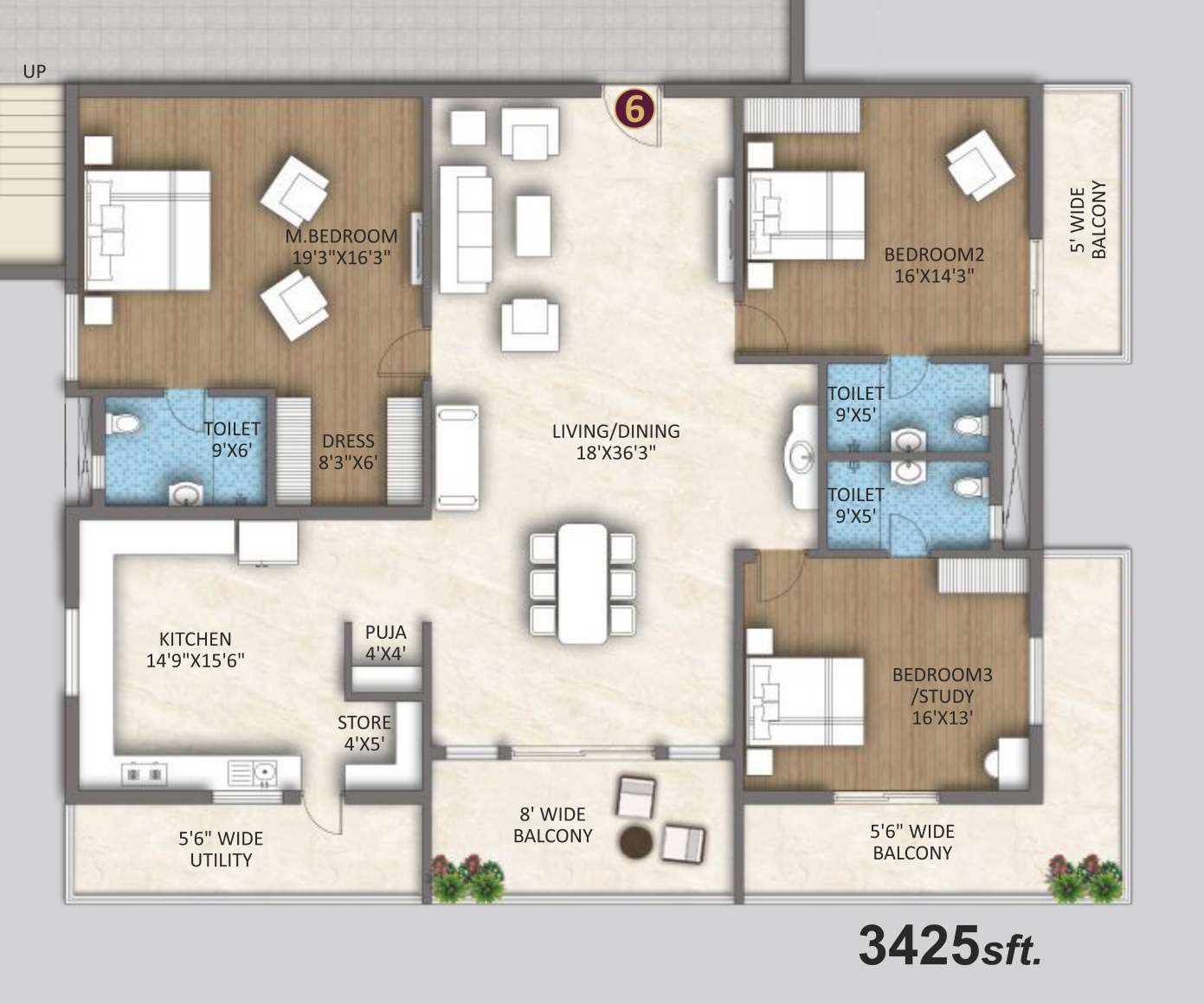 3 BHK Sky Villa Flat with Home Theatre (3,425 sft) Floor Plan